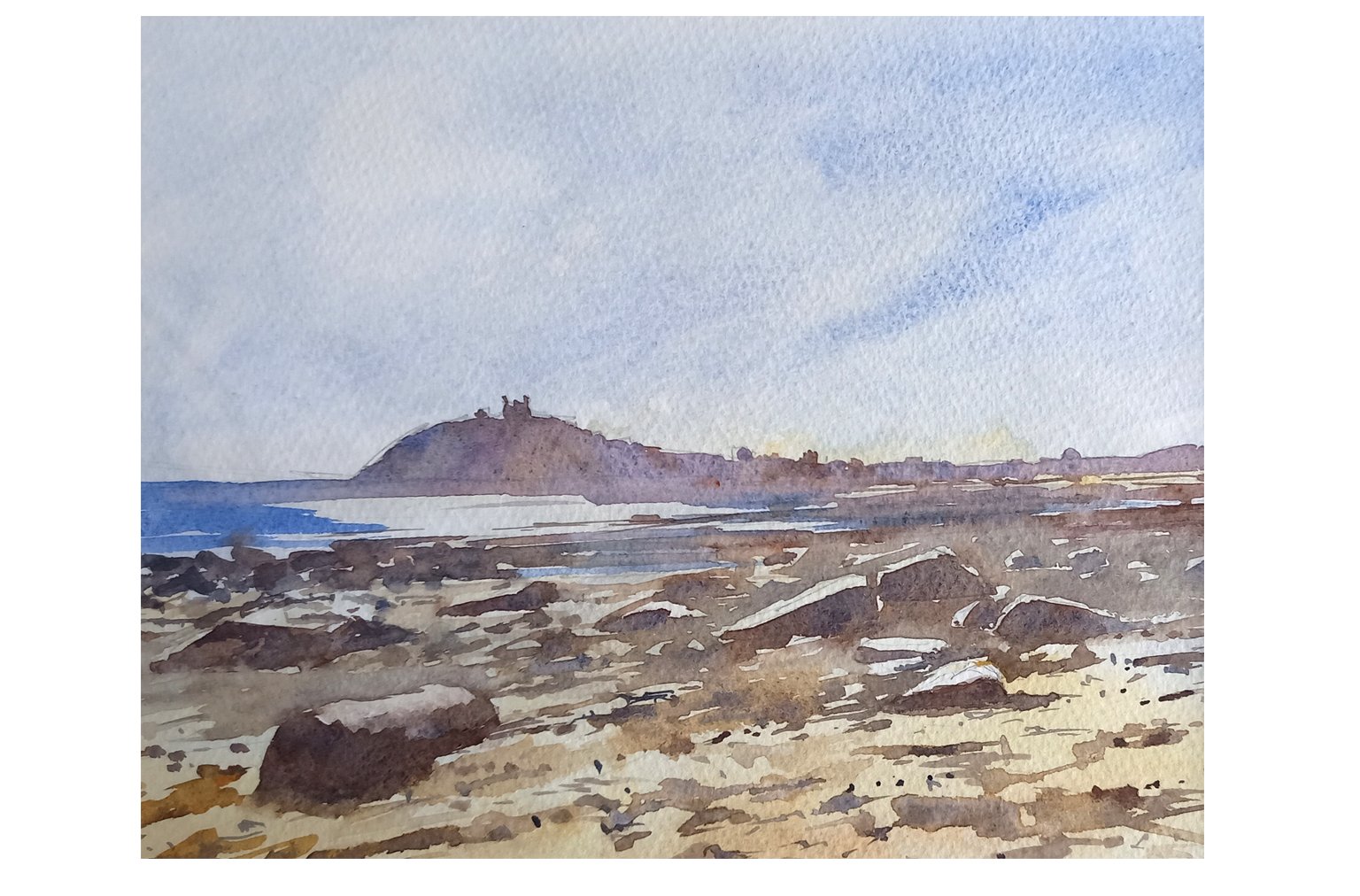 Criccieth Beach & Castle watercolour painting by Steve Fairhurst
