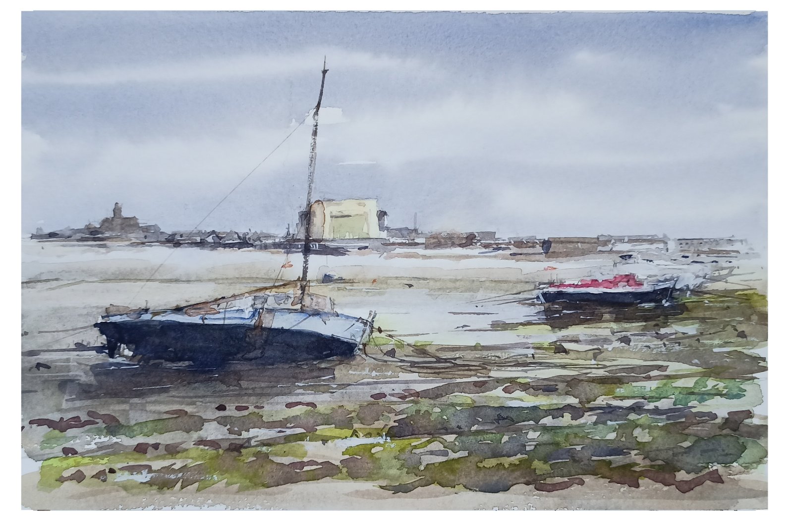 Boats in the Walney channel watercolour painting by Steve Fairhurst