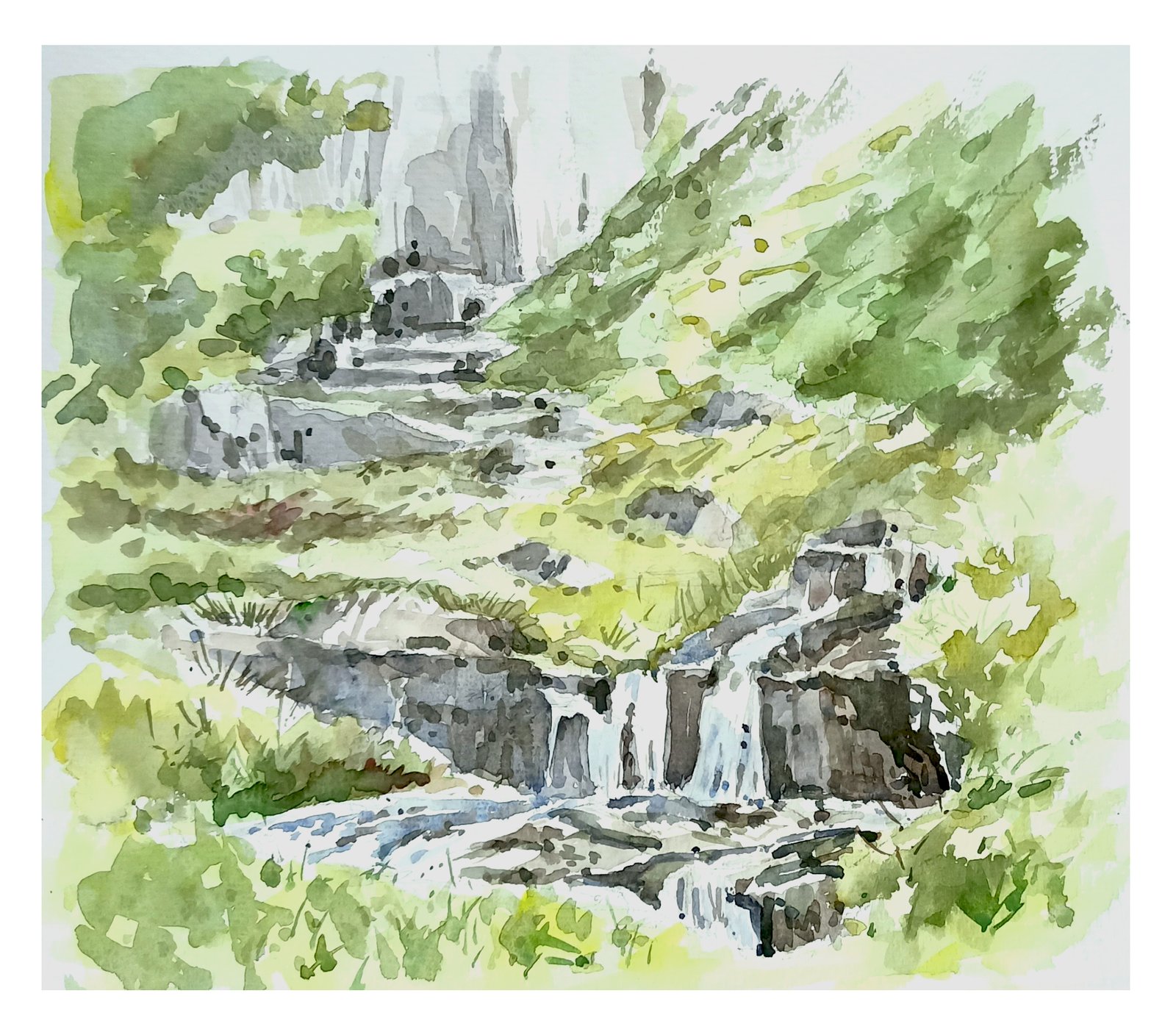 Waterfalls near Burnmoor Tarn watercolour painting by Steve Fairhurst
