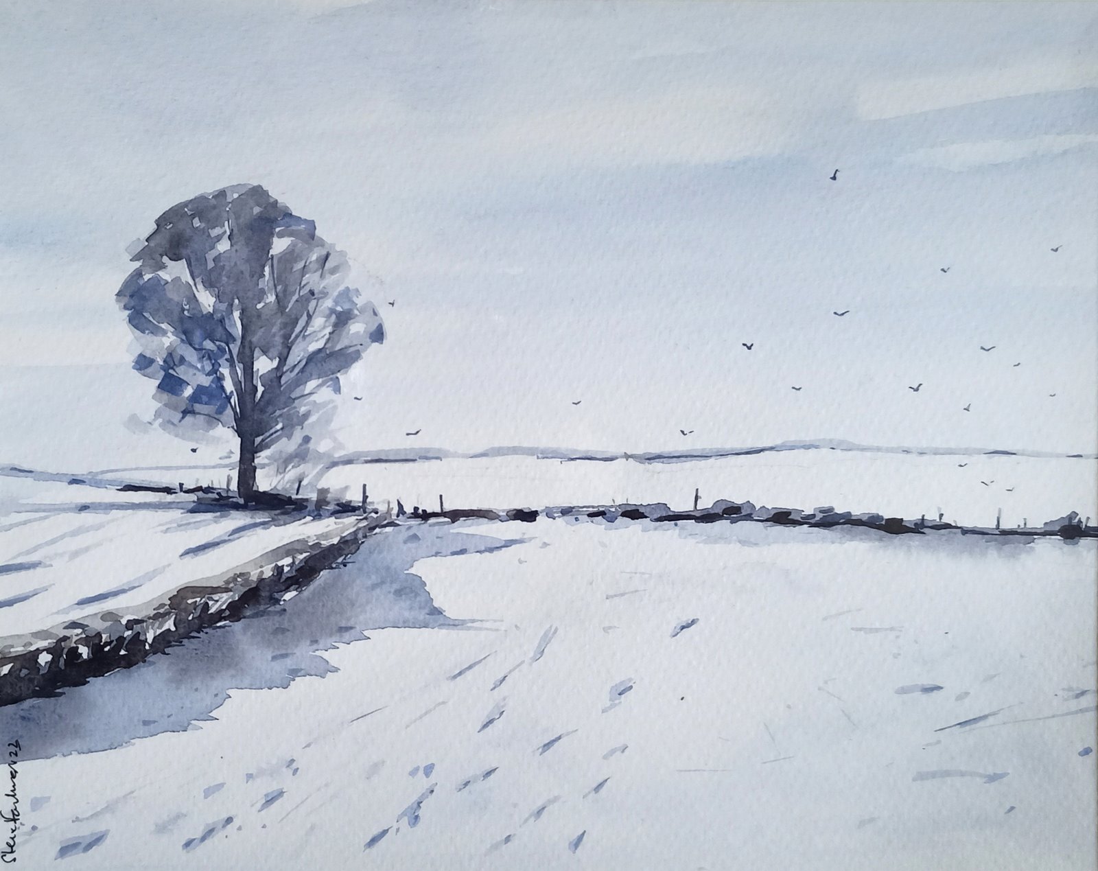 Winter Fields watercolour painting by Steve Fairhurst